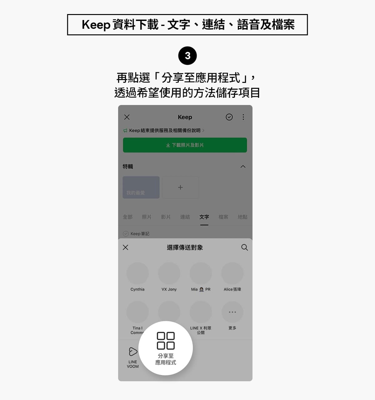 LINE Keep功能8月28日就要終止服務，LINE官方部落格提供簡單的備份教學步驟。（翻攝自LINE官方部落格）