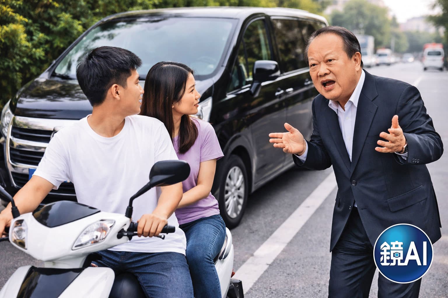 時任台南市長蘇南成（右）弔唁帝王飯店死者時，巧遇關係人婷婷，並說服她到案說明。（AI生成示意圖）