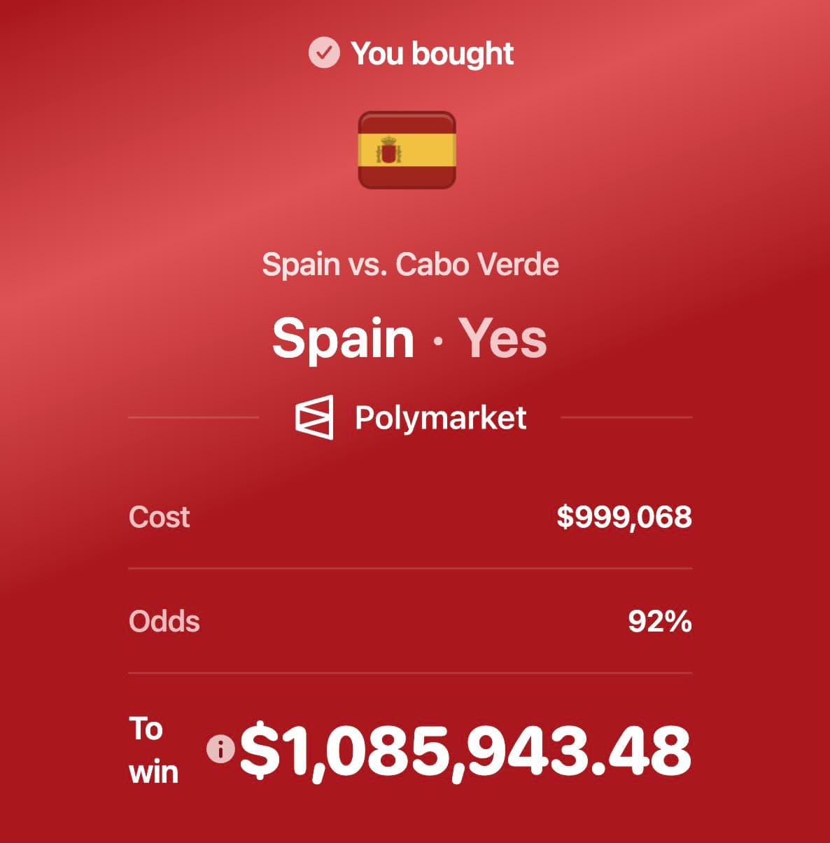 一名重壓西班牙贏球的用戶，輸掉100萬美元。（翻攝自X@PolymarketSport）