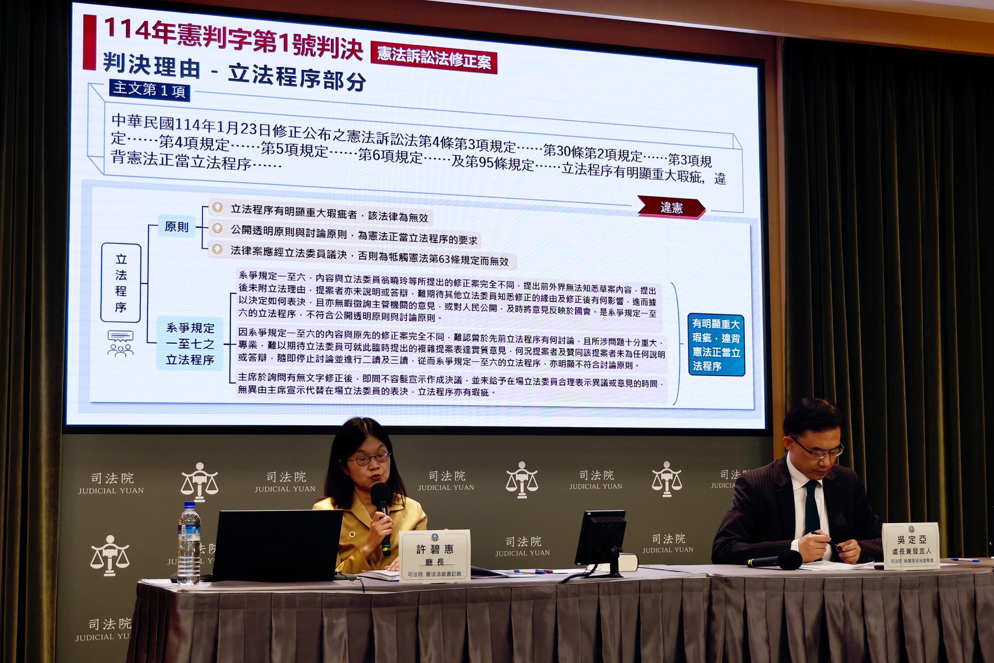 5名大法官作出今年第1號釋憲判決,指《憲訴法》修正案立法過程和內容違憲,即起失效。
