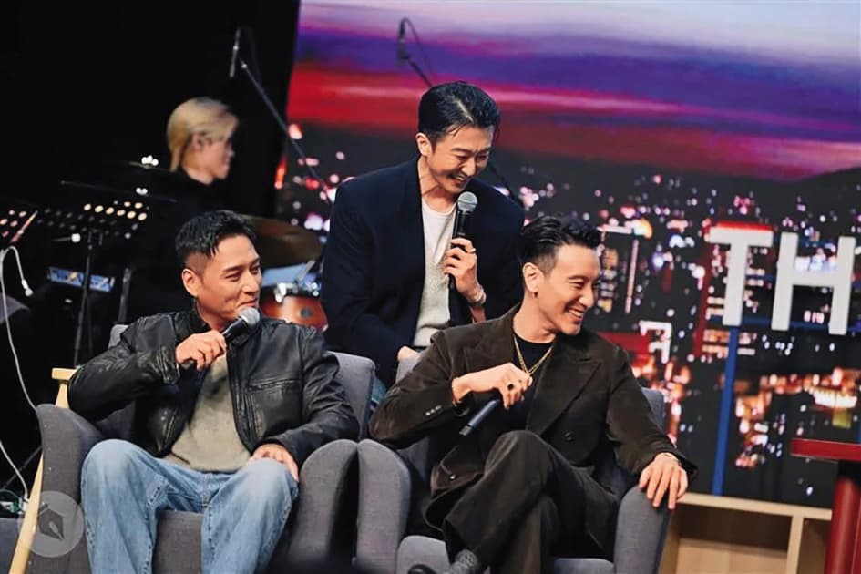 王陽明（右起）、懷秋和鄭人碩，因宣傳《角頭—大橋頭》上《賀瓏夜夜秀》。（薩泰爾提供）