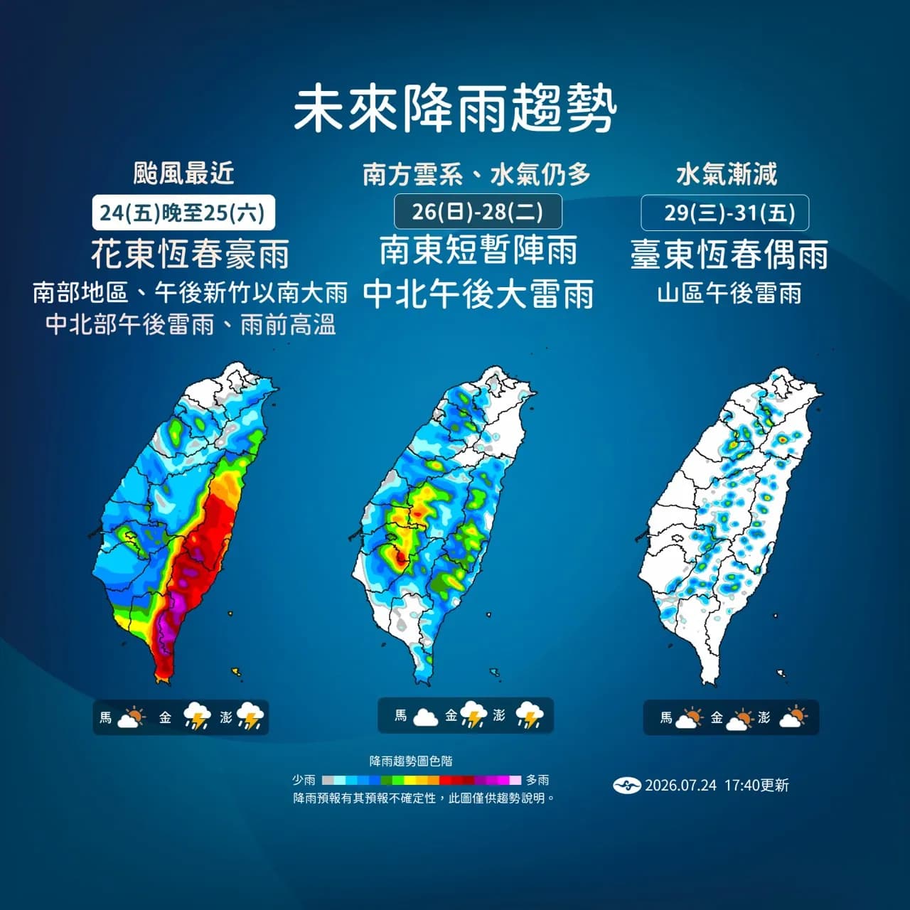 中央氣象署說明降雨趨勢。（中央氣象署提供）