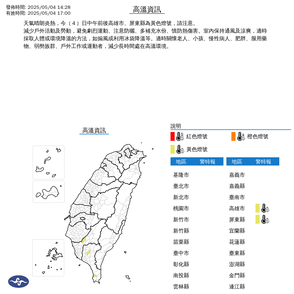 南部有部分地區天氣較為炎熱，氣象署下午2點半左右，更新高溫資訊。（中央氣象署提供）