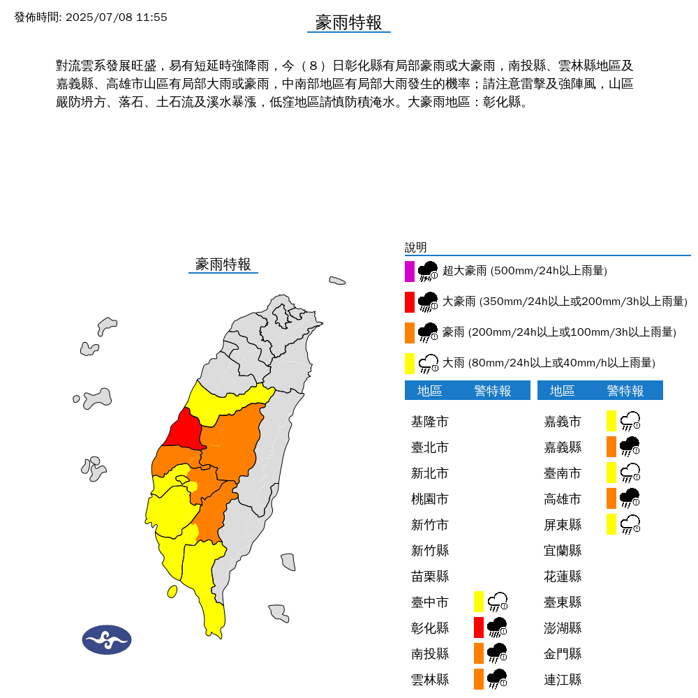 中央氣象署發出豪雨特報示警，指彰化縣達大豪雨等級。（中央氣象署提供）