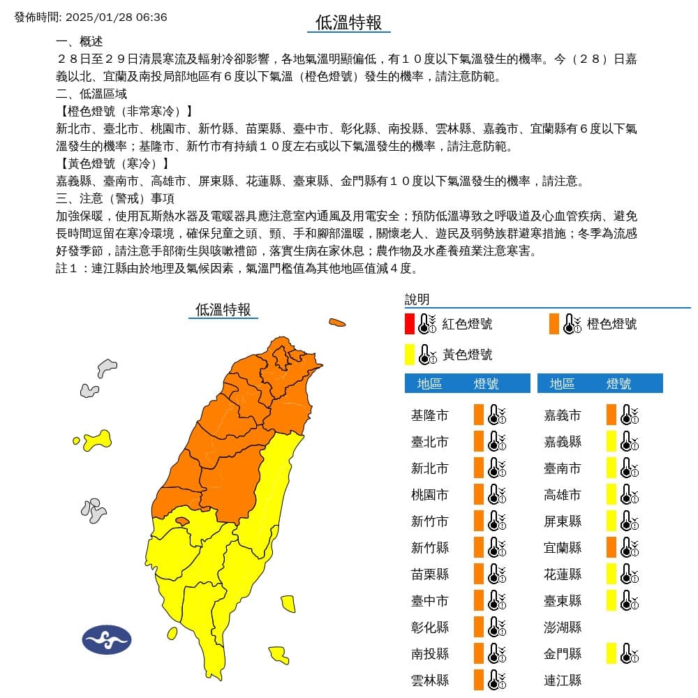 中央氣象署也對20縣市發布低溫特報。（翻攝自氣象署）