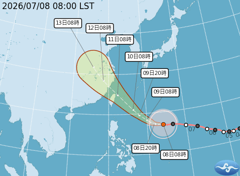 中央氣象署今（8日）指出，巴威8時的中心位置在北緯16.9度、東經134.1度，以每小時20公里速度，向西進行。（翻攝自中央氣象署官網）