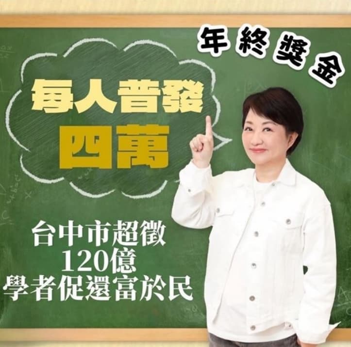 網路瘋傳台中市超徵120億元，「每人普發4萬」圖卡，台中市政府強調是假消息，已報警偵辦。（翻攝自臉書）