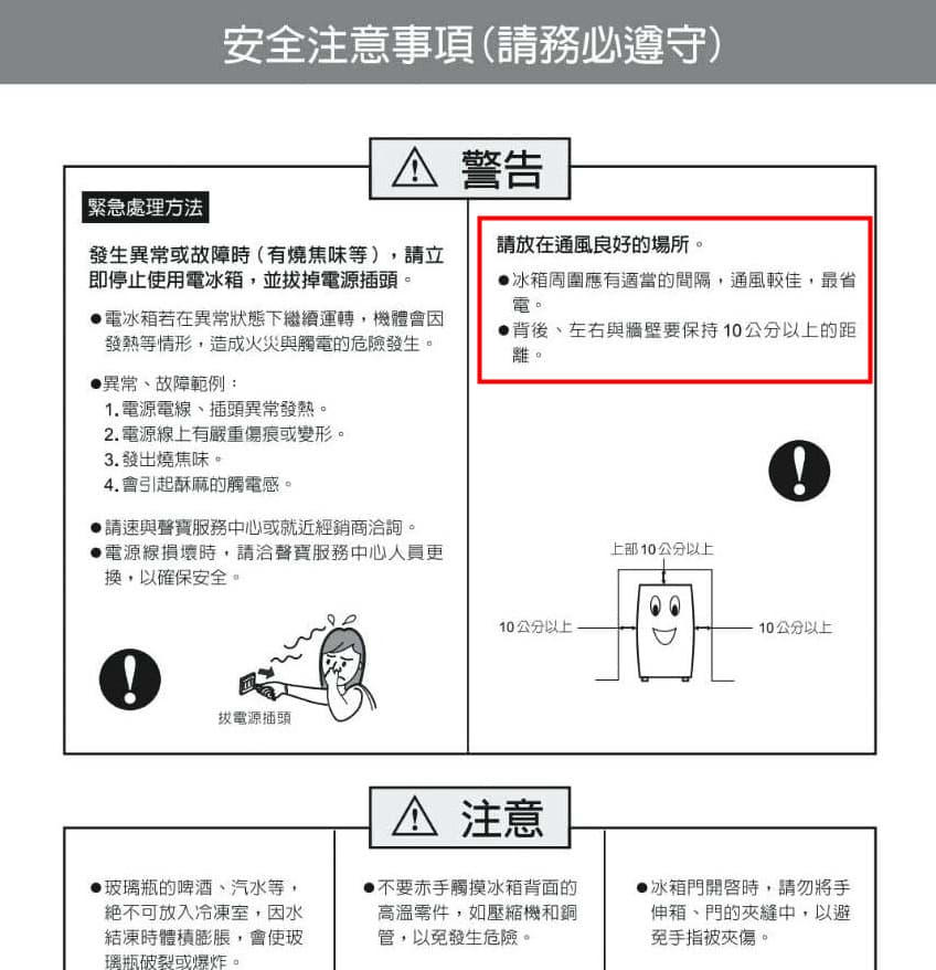 張小姐指控，聲寶的冰箱說明書僅表示「距離10公分」較為省電。（讀者提供）