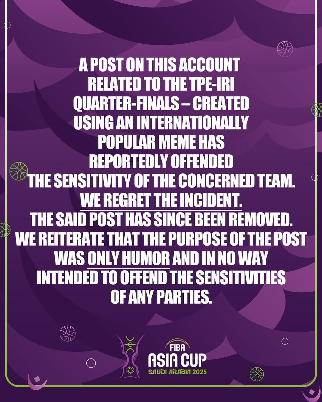 FIBA Asia Cup官方IG帳號發哏圖嘲諷台灣男籃遭伊朗逆轉，下架貼文後稱只是想幽默一下，絕無冒犯之意。（翻攝自IG@asiacup）