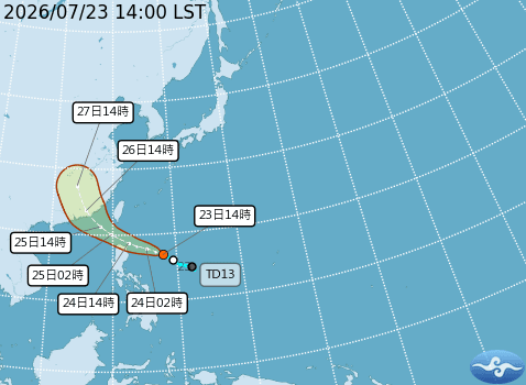 熱帶性低氣壓TD13今日14時的中心位置於北緯16.9度、東經127.9度，以每小時26公里速度，向西北西進行。（中央氣象署提供）