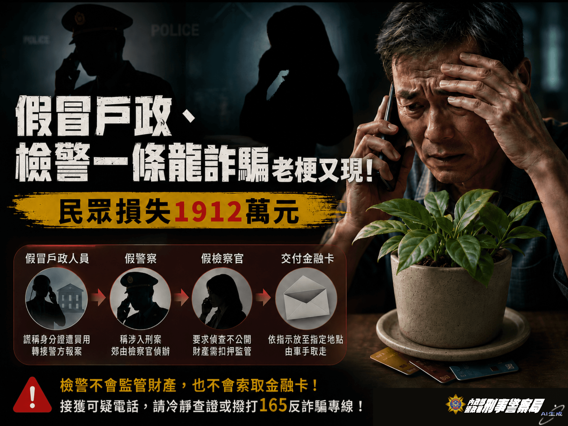 在種種話術威逼下，鄭男將3張金融卡裝在信封藏在花盆下，1,912萬餘元積蓄被提領一空，名下帳戶還淪為洗錢工具。（刑事局提供）
