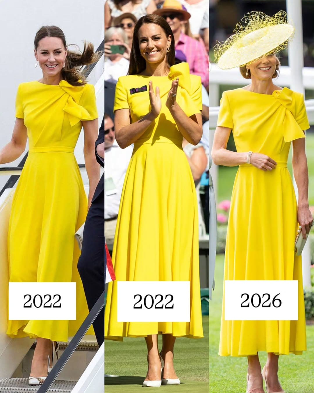 凱特王妃此次出席皇家賽馬會，再度穿上2022年曾於牙買加訪問及溫布頓網球錦標賽亮相的黃色ROKSANDA洋裝，展現永續時尚理念。（翻攝katemiddletonprincessofwalesuk IG）
