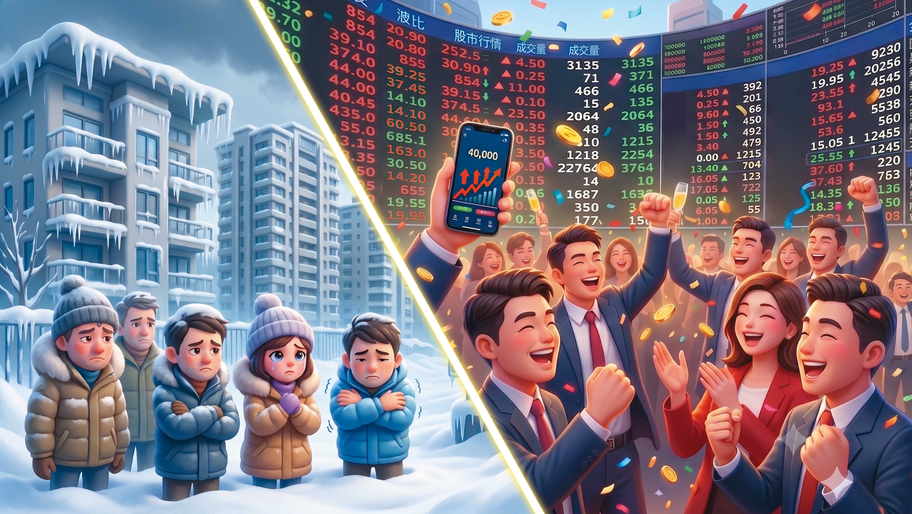 台股近期強勢上攻，大量資金湧入股市，也讓原本低迷的房市面臨更大壓力。（AI繪圖magnific生成，本刊美術組後製）