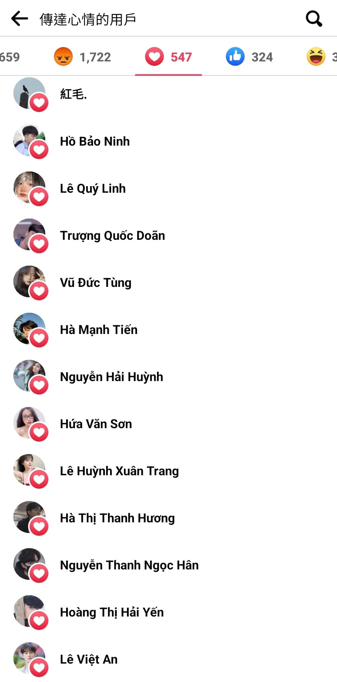 給賀龍臉書貼文按「愛心」的，清一色是越南人帳號。（翻攝賀瓏臉書）