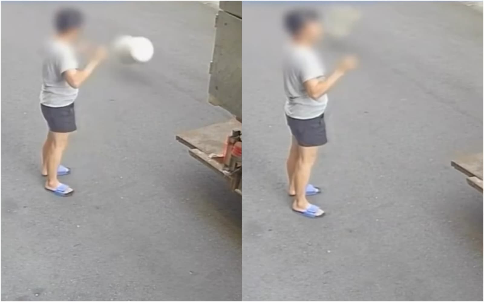 南投名間鄉一名婦人在倒垃圾時竟差點被清潔隊員用垃圾桶砸中。（翻攝自陳翰立Threads）