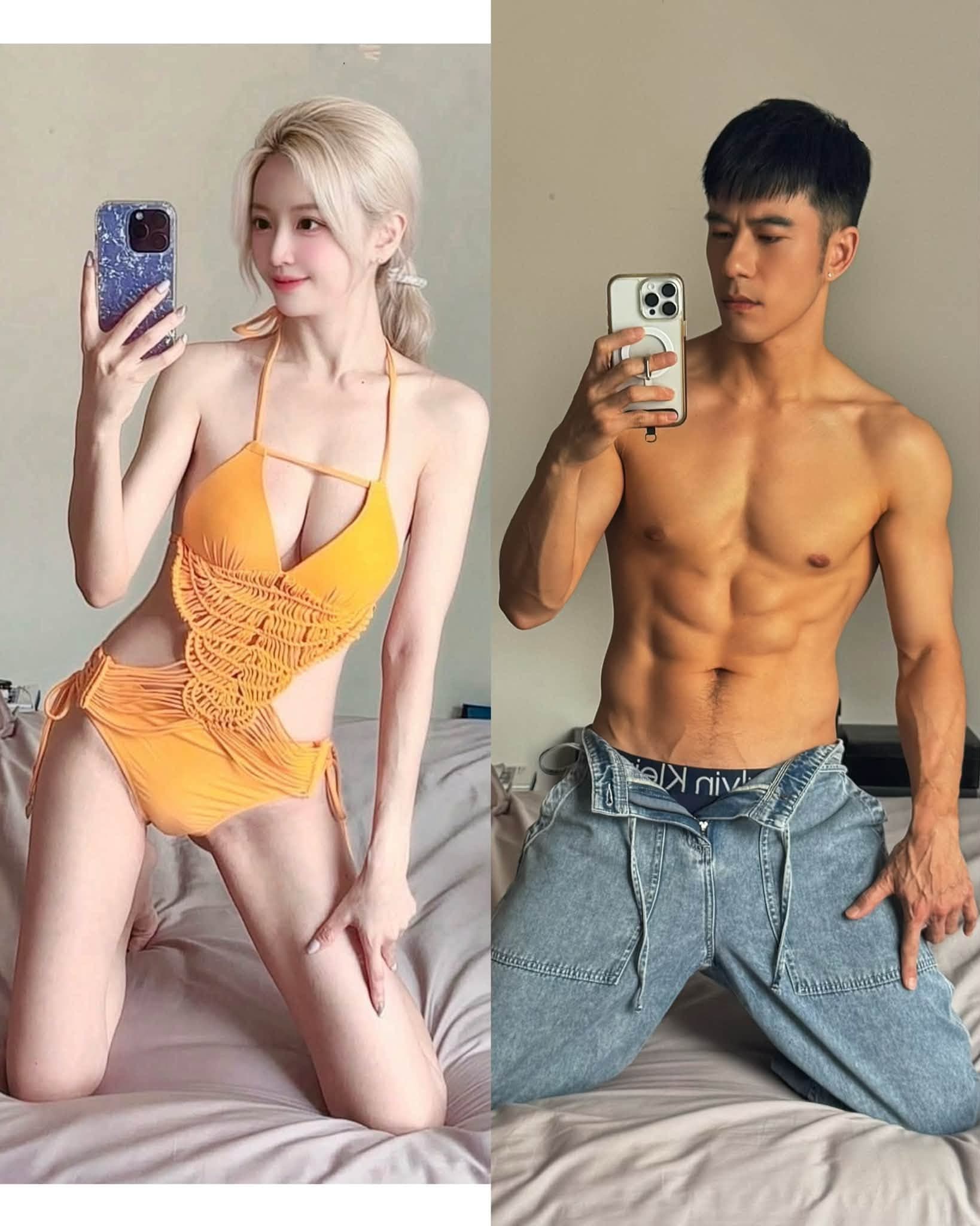 紀言愷分享自己與老婆穿泳衣的身材照。（翻攝自紀言愷臉書）