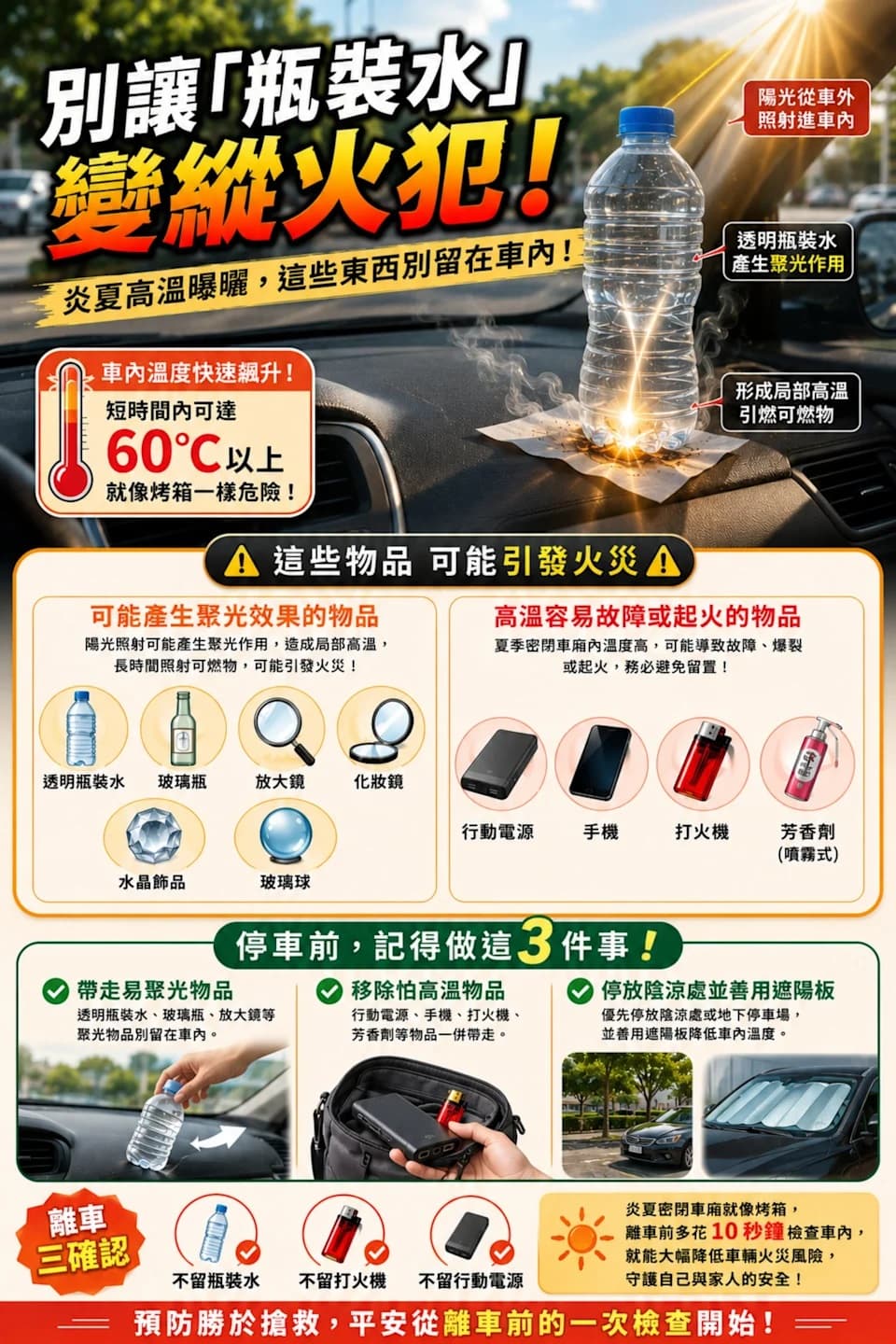 消防局提醒，除了透明瓶裝水之外，玻璃瓶、放大鏡、化妝鏡、水晶飾品、玻璃球等具有聚光效果的物品，都不建議放置於車內。（彰化縣消防局提供）