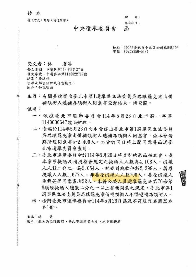 中選會通知，經北市選委會查對後，罷免吳思瑤更換備補領銜人失敗。（翻攝自周軒臉書）