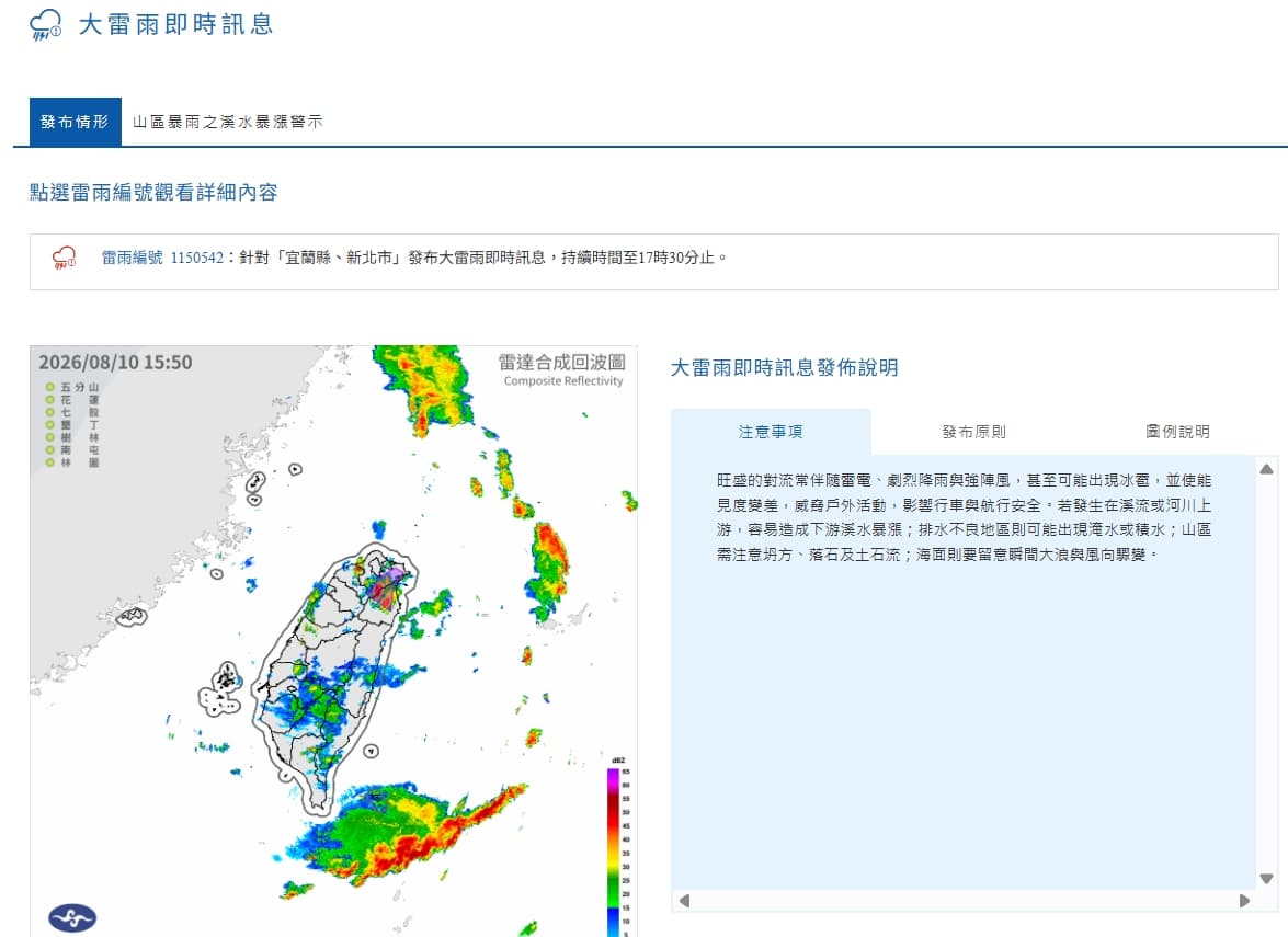中央氣象署發布大雷雨即時訊息。（翻攝自中央氣象署官網）