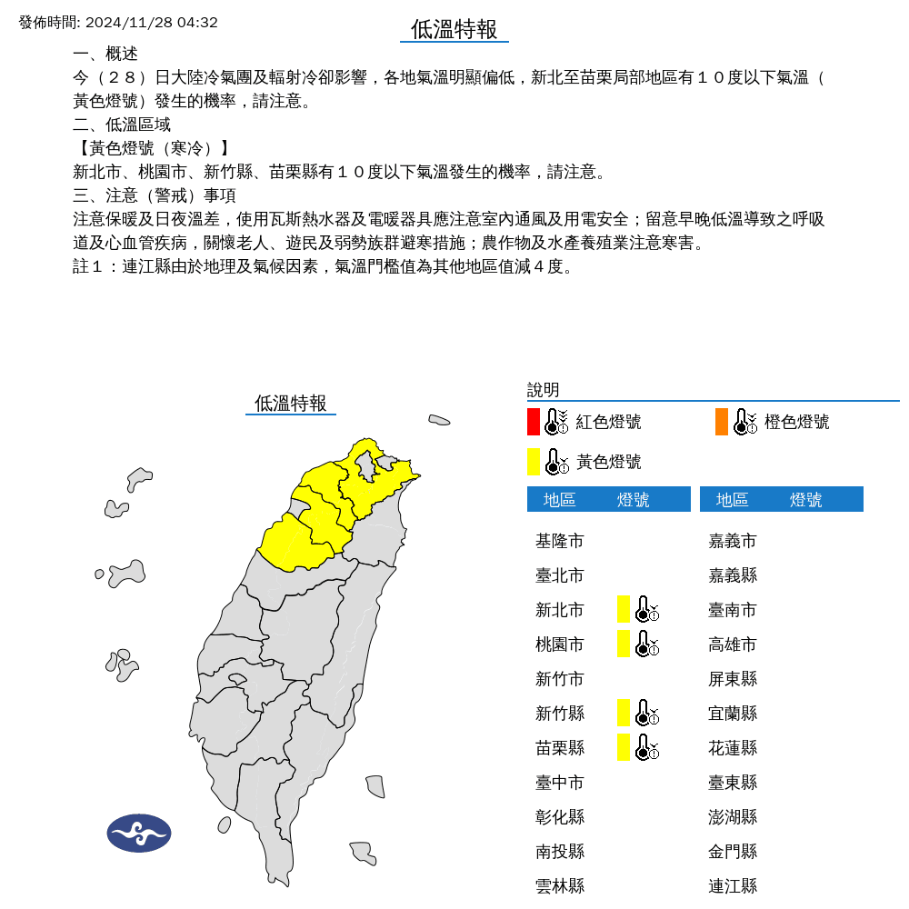 氣象署針對4縣市發布低溫特報。（中央氣象署提供）