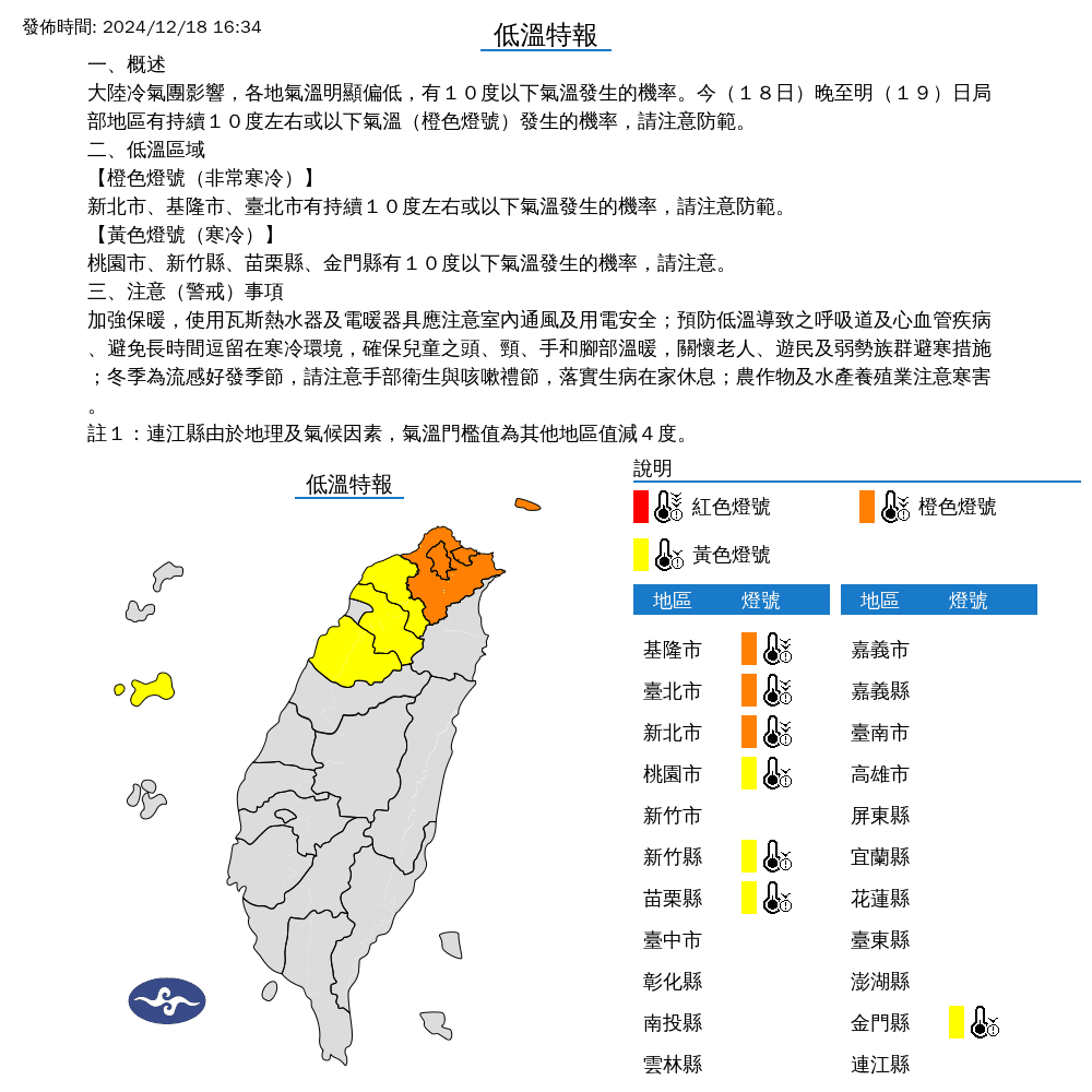 氣象署針對7縣市發布低溫特報，其中台北市、新北市及基隆市亮起橙色燈號，達到「非常寒冷」等級。（中央氣象署提供）