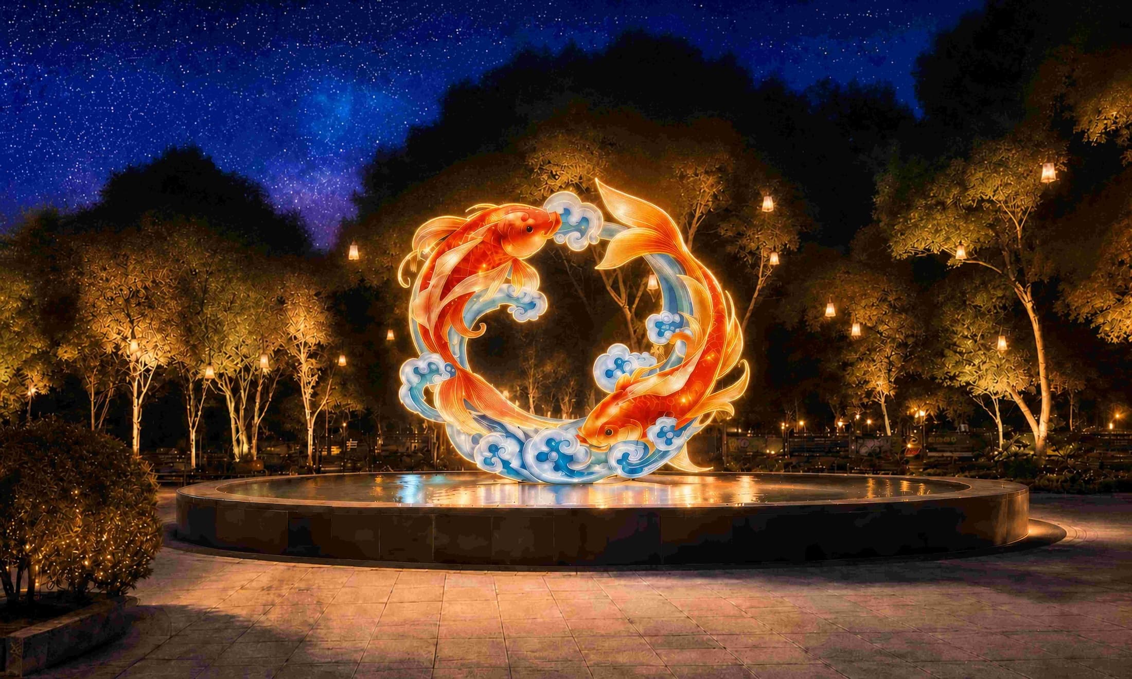 「魚躍龍門」以兩尾躍動的鯉魚在水面交會成圓，象徵團圓、圓滿與吉祥，呼應今年國際中秋綵燈匯的主題。（香港旅遊發展局提供）