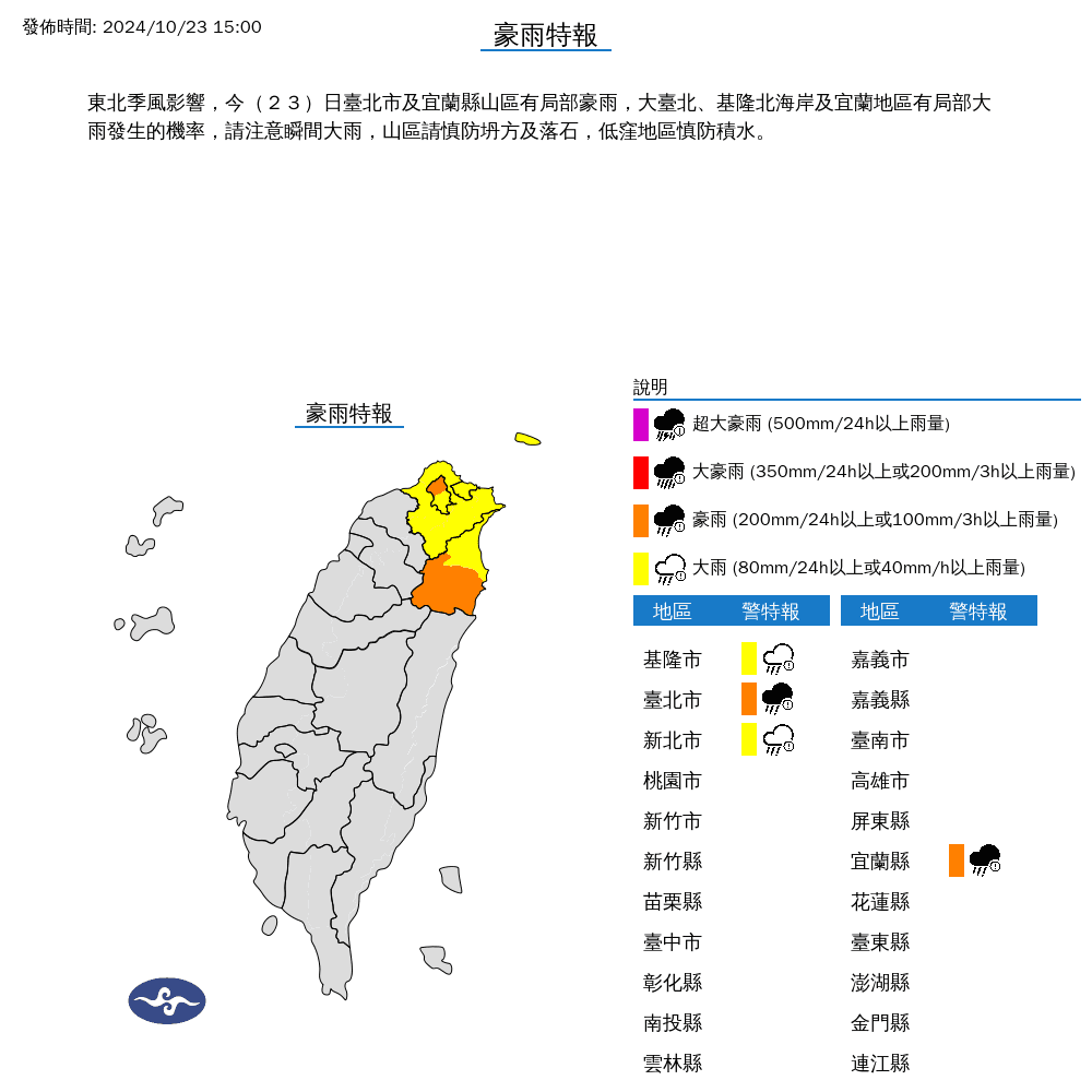 氣象署今針對4縣市發布豪、大雨特報。（中央氣象署提供）