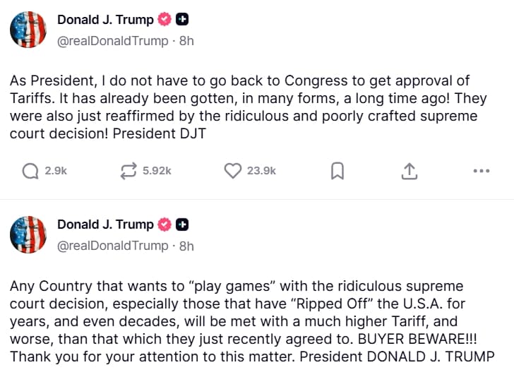 川普警告，若有國家試圖利用最高法院裁決「耍花樣」，將面臨比先前協議更高、更嚴厲的關稅。（翻攝自Truth Social@realDonaldTrump）