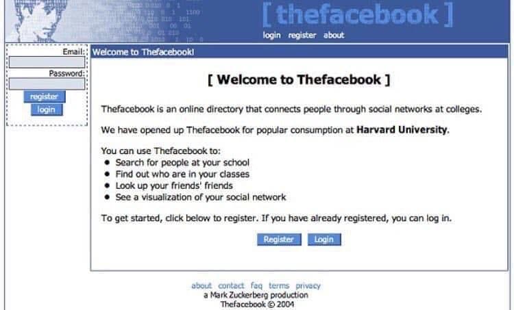2004年2月推出的「TheFacebook」初代登入畫面，最早僅開放哈佛大學學生使用，主打校園交友與個人檔案建立。（翻攝臉書）