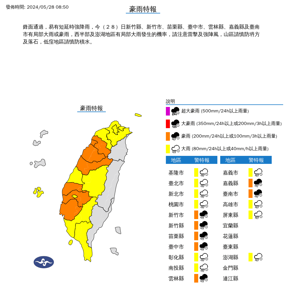 今日新竹縣市、苗栗縣、台中市、雲林縣、嘉義縣及台南市有局部大雨或豪雨，西半部及澎湖地區有局部大雨發生的機率。（氣象署提供）