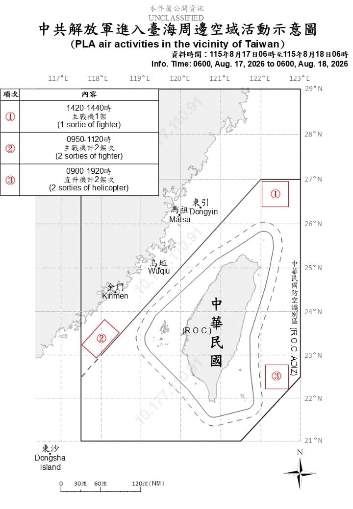 國防部今日上午公布「中共解放軍臺海周邊海、空域動態」。（國防部提供）