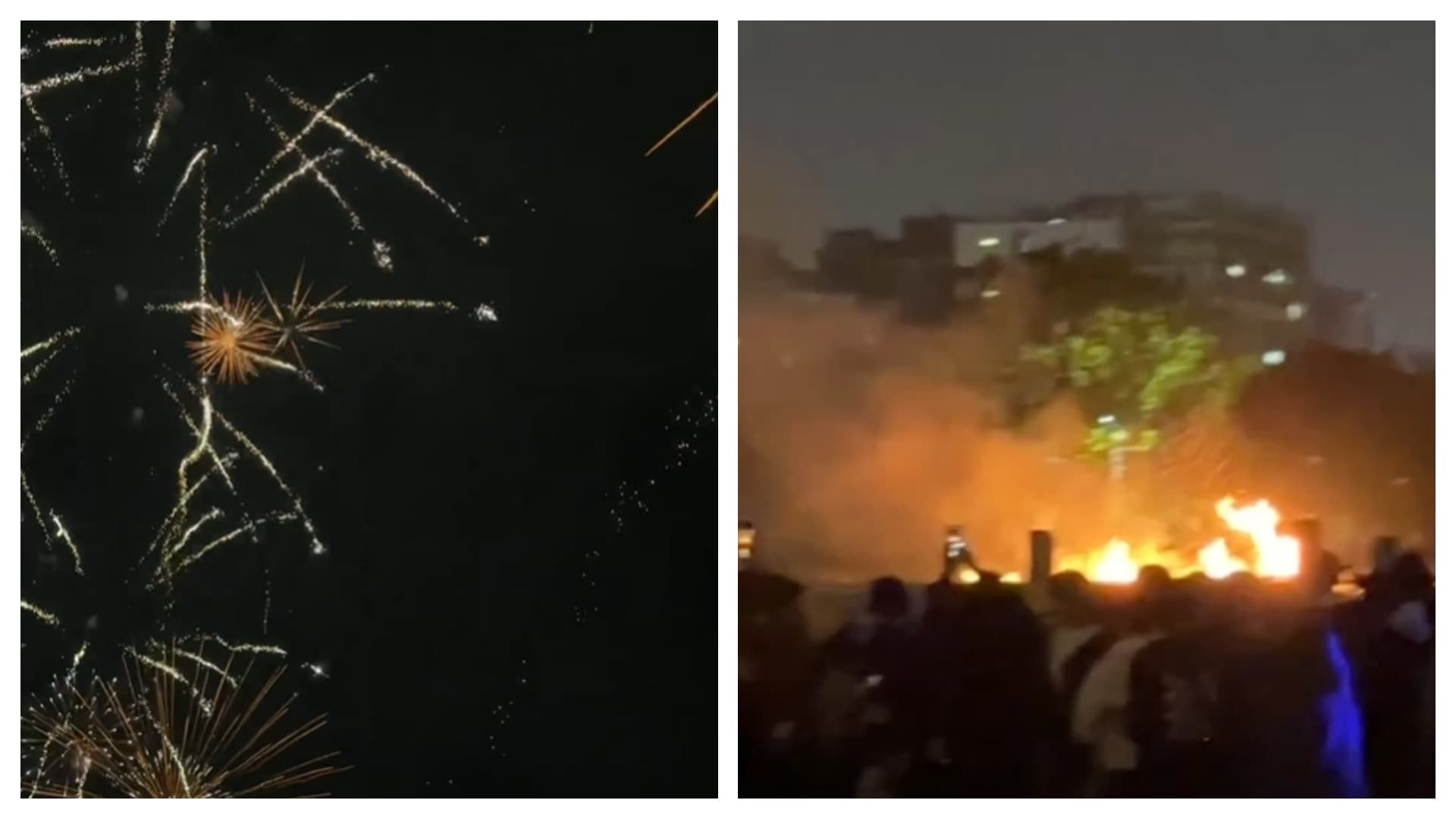 台中市政府跨年晚會煙火秀出包，傳出多處場地燃燒起火，甚至有民眾被落焰砸中。（翻攝自Threads@amelia_0922_、qq.amos）