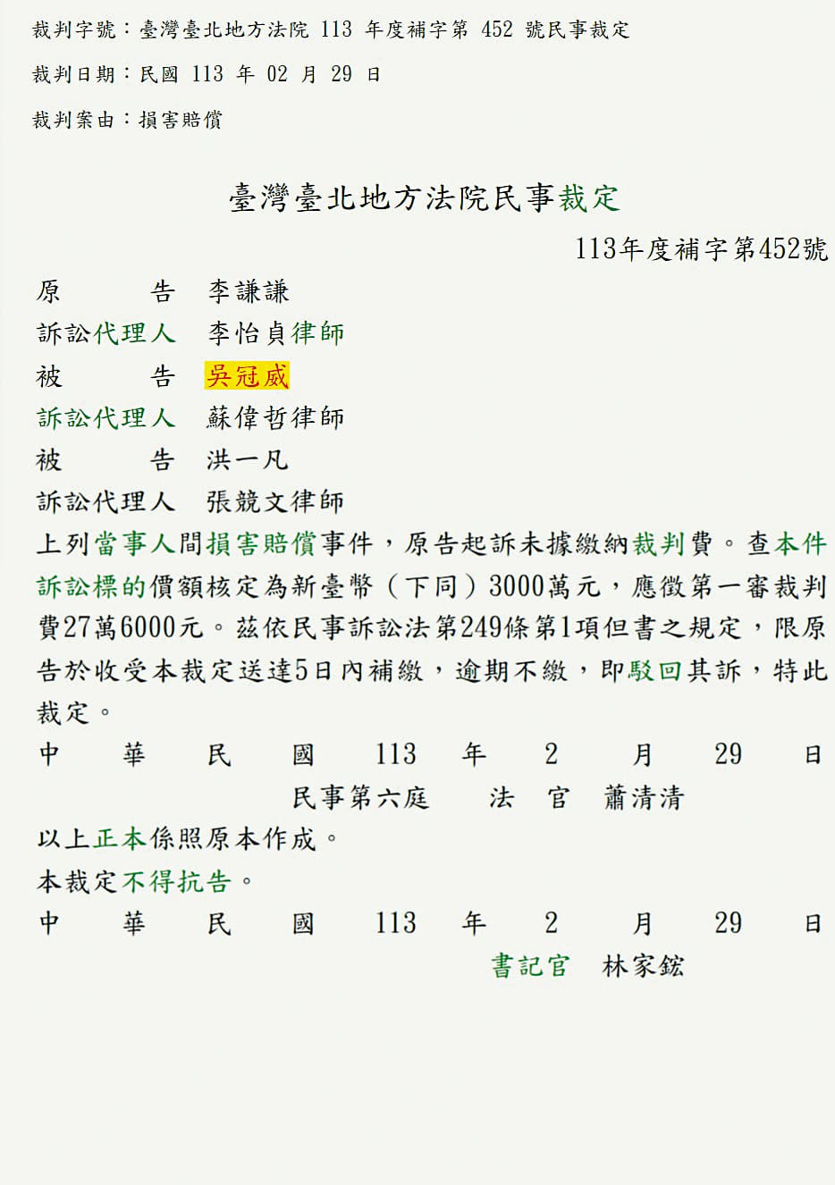 法院裁定書中，原告索賠3,000萬元，其中洪一凡被網友疑是Dora。（翻攝自司法院官網）
