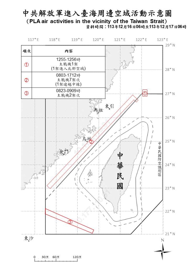 國防部今公布中共解放軍海周邊、空域動態，提到到24小時內，共有10架共機、7艘共艦持續擾台。（國防部提供）