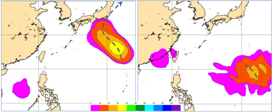 最新歐洲系集模式24日20時機率模擬圖（左圖）顯示，關島北方海面熱帶擾動逐漸發展，其路徑為先向日本逼近、再朝東北大迴轉減弱遠離；30日20時機率模擬圖（右圖）顯示，關島附近另有熱帶擾動發展、但離台灣還很遠。（翻攝自氣象應用推廣基金會）