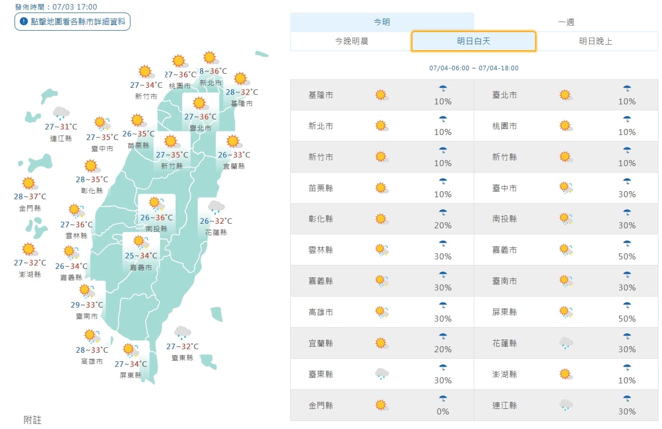 中央氣象署說明明日白天天氣狀況。（翻攝自中央氣象署官網）