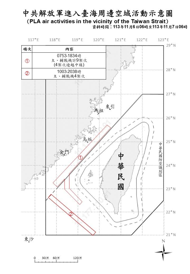 國防部公布中共解放軍臺海周邊海、空域動態。（國防部提供）