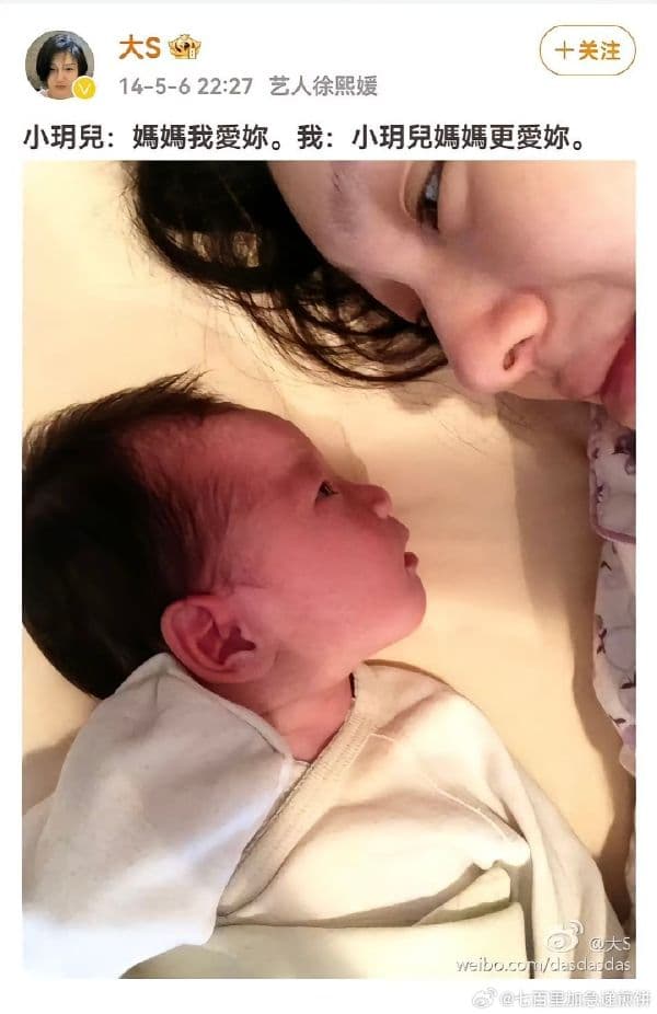 大S與汪小菲生下1兒1女，離婚後監護權歸屬大S。（大S微博）