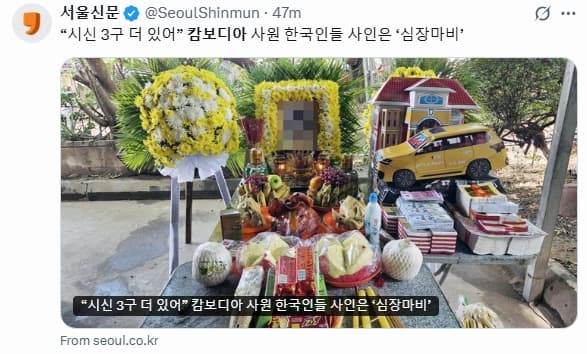 柬埔寨寺廟相關人員透露，太平間還存放3具南韓人遺體。（翻攝自X@SeoulShinmun ）