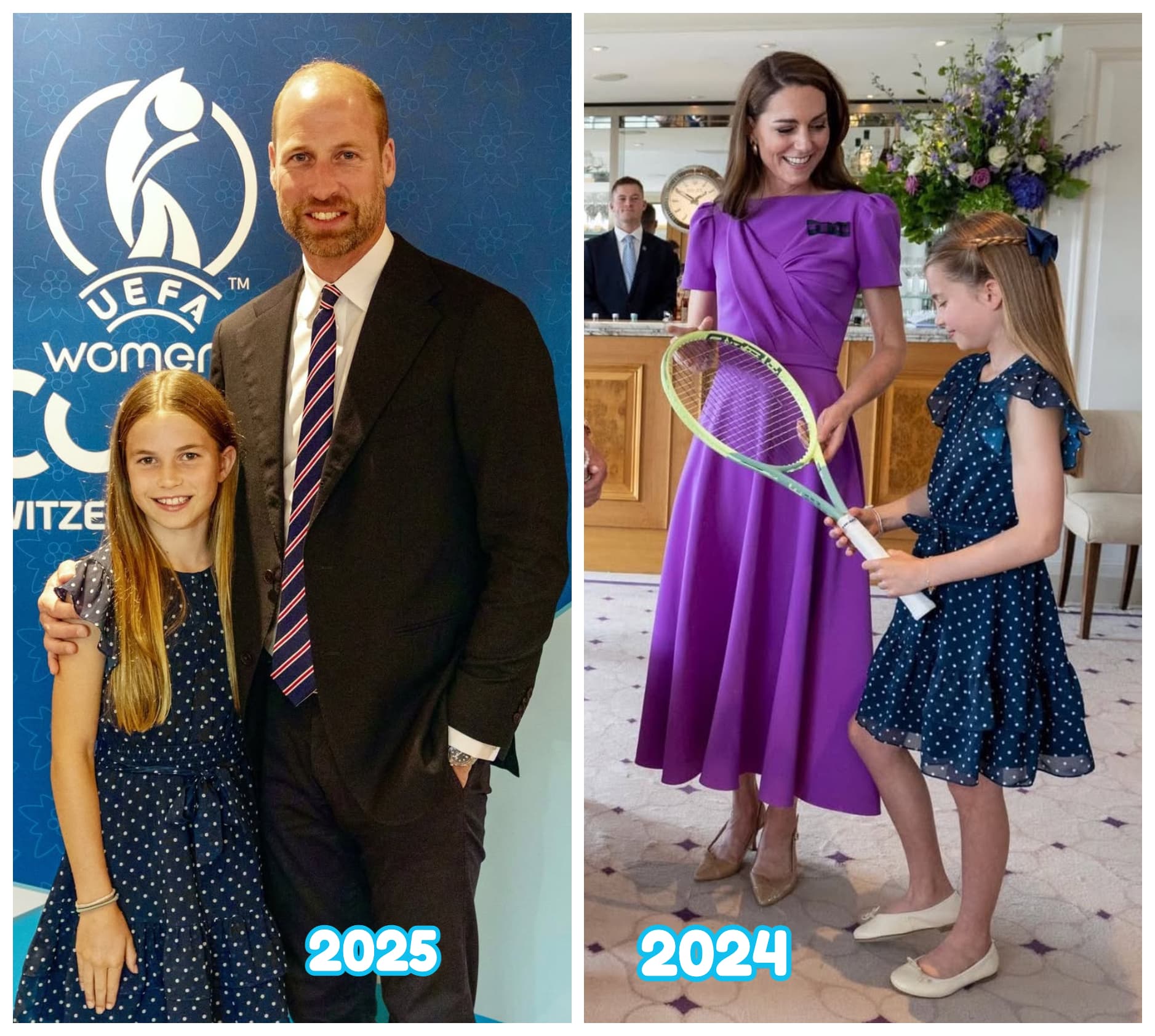 夏綠蒂公主今年、去年都穿過同樣的GUESS藍色波點洋裝。（翻攝princeandprincessofwales IG）