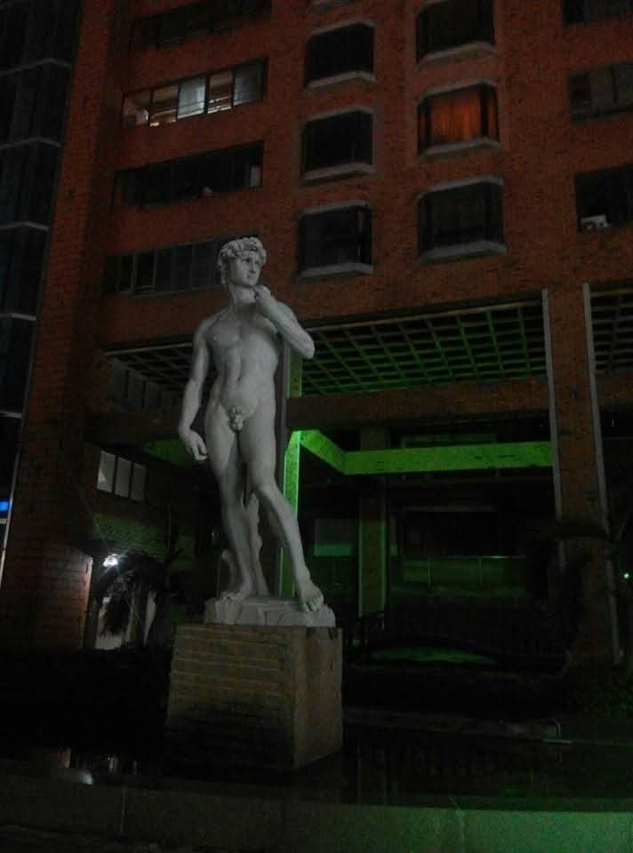 彰化縣翡冷翠大廈前的大衛雕像矗立多年,是彰化縣地標之一。(翻攝臉書「彰化人大小事」)