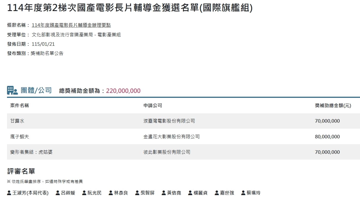 文化部公告補助名單及評審。（翻攝自文化部官網）