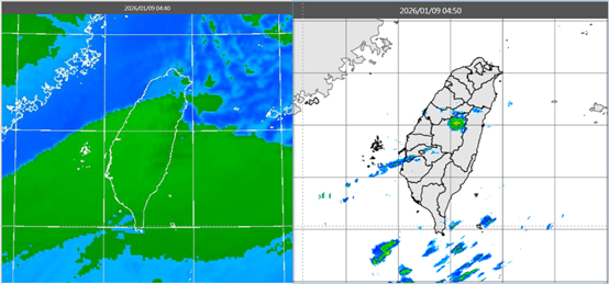 今晨4：40紅外線雲圖顯示，中層雲向北移動、遮蔽中南部的天空（左圖）。4：50降水回波合成圖顯示，中層雲伴隨的降水回波很弱、且很零星（右圖）。（翻攝自氣象應用推廣基金會）