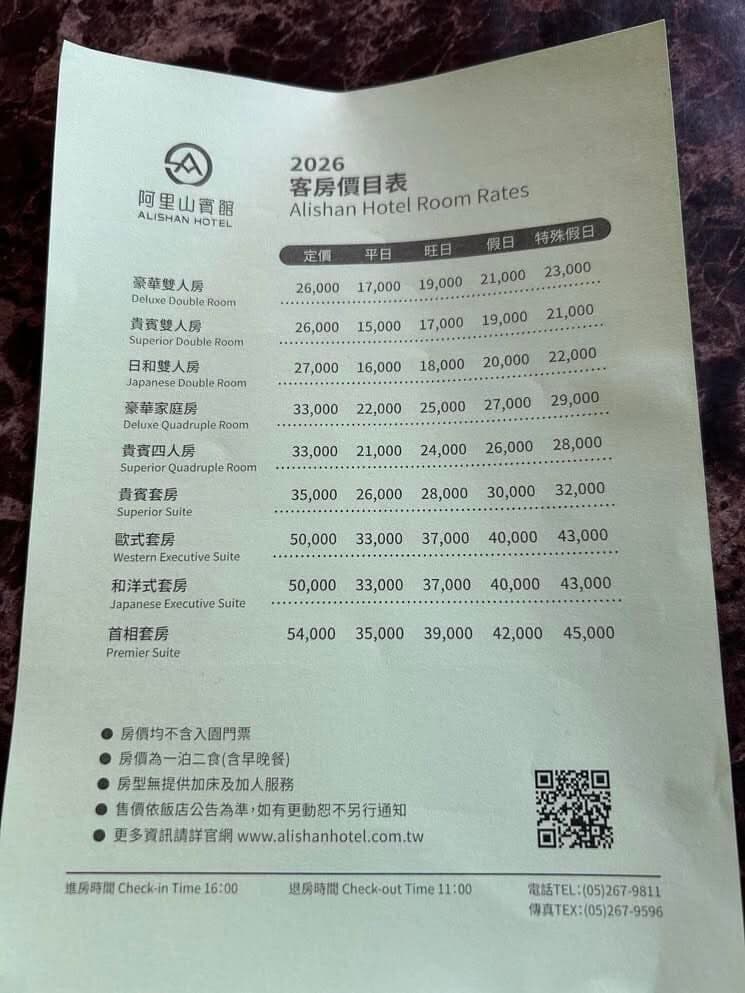 近期位於阿里山森林遊樂區的阿里山賓館，因1.5萬元起的房價掀起網友熱議。（翻攝自臉書@爆廢1公社）