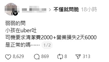 網友好奇在Uber吐了要賠多少才正常？眾人紛紛留言分享自身經驗。（翻攝自Threads）