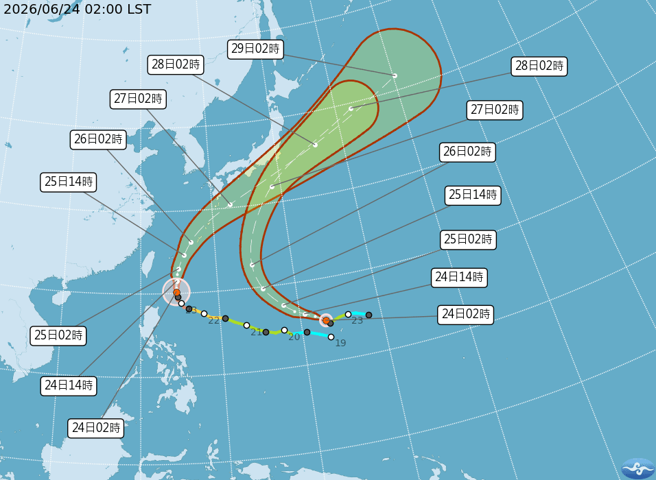 明日颱風「米克拉」外圍雲系影響，西半部、東北部地區及金門、馬祖有局部短暫陣雨或雷雨，其他地區及澎湖為多雲，午後有局部短暫雷陣雨。（翻攝自中央氣象署官網）