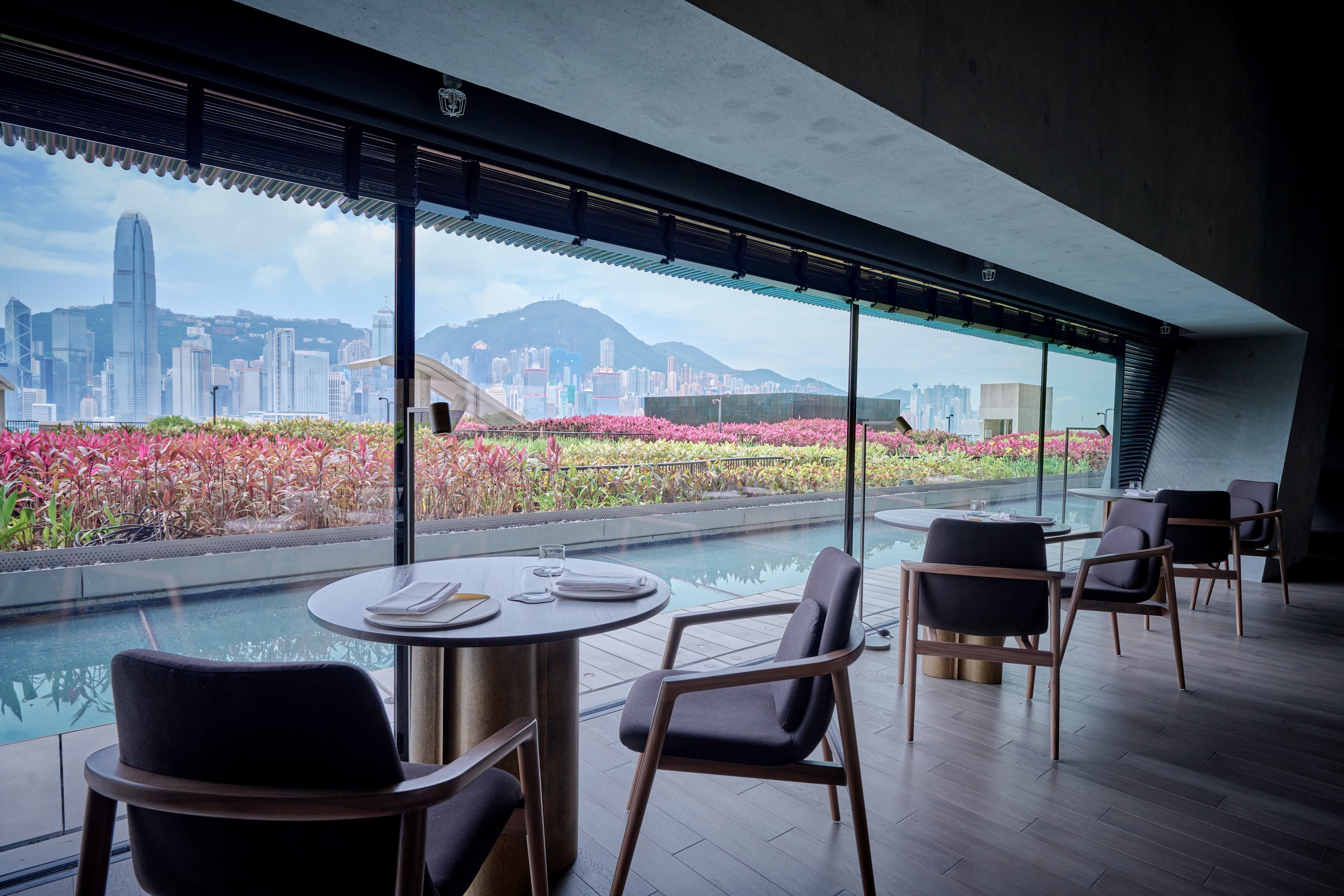Mosu Hong Kong香港M+的天台花園，繽紛花圃後方便是香港天際線。（翻攝自Mosu Hong Kong官網）
