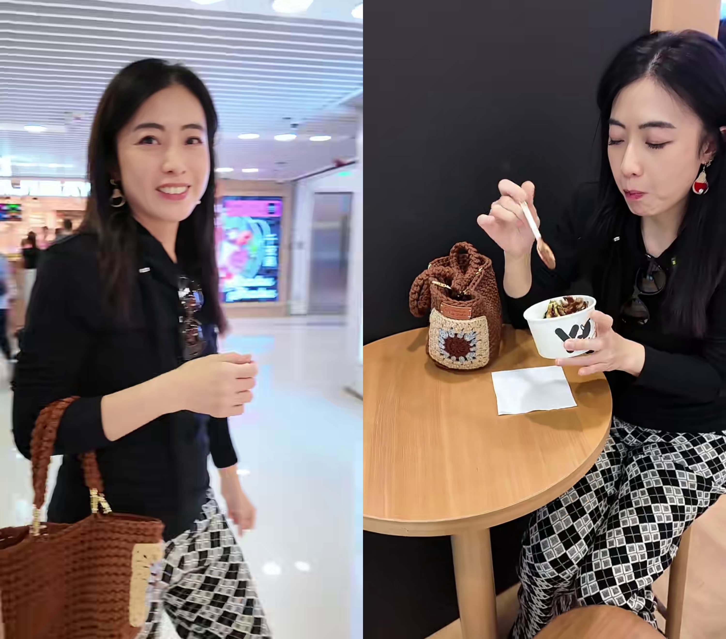 甘比工作之餘到銅鑼灣偷閒吃優格冰淇淋，拎著親手鉤織的咖啡色毛線包，相當搶眼。（翻攝甘比小紅書）