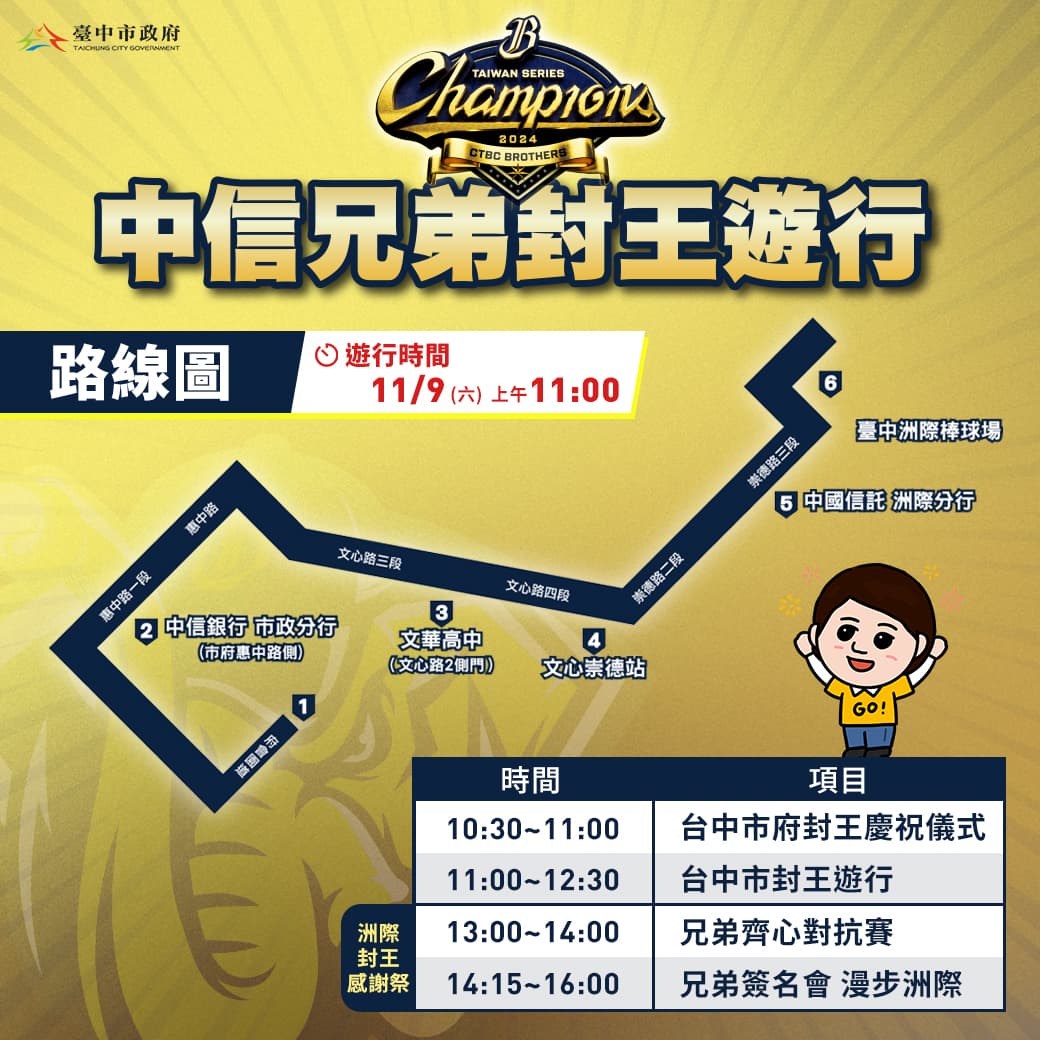 中信兄弟封王遊行以「市政公園」為首站，終點將回到「英雄谷」台中洲際棒球場。（台中市運動局提供）