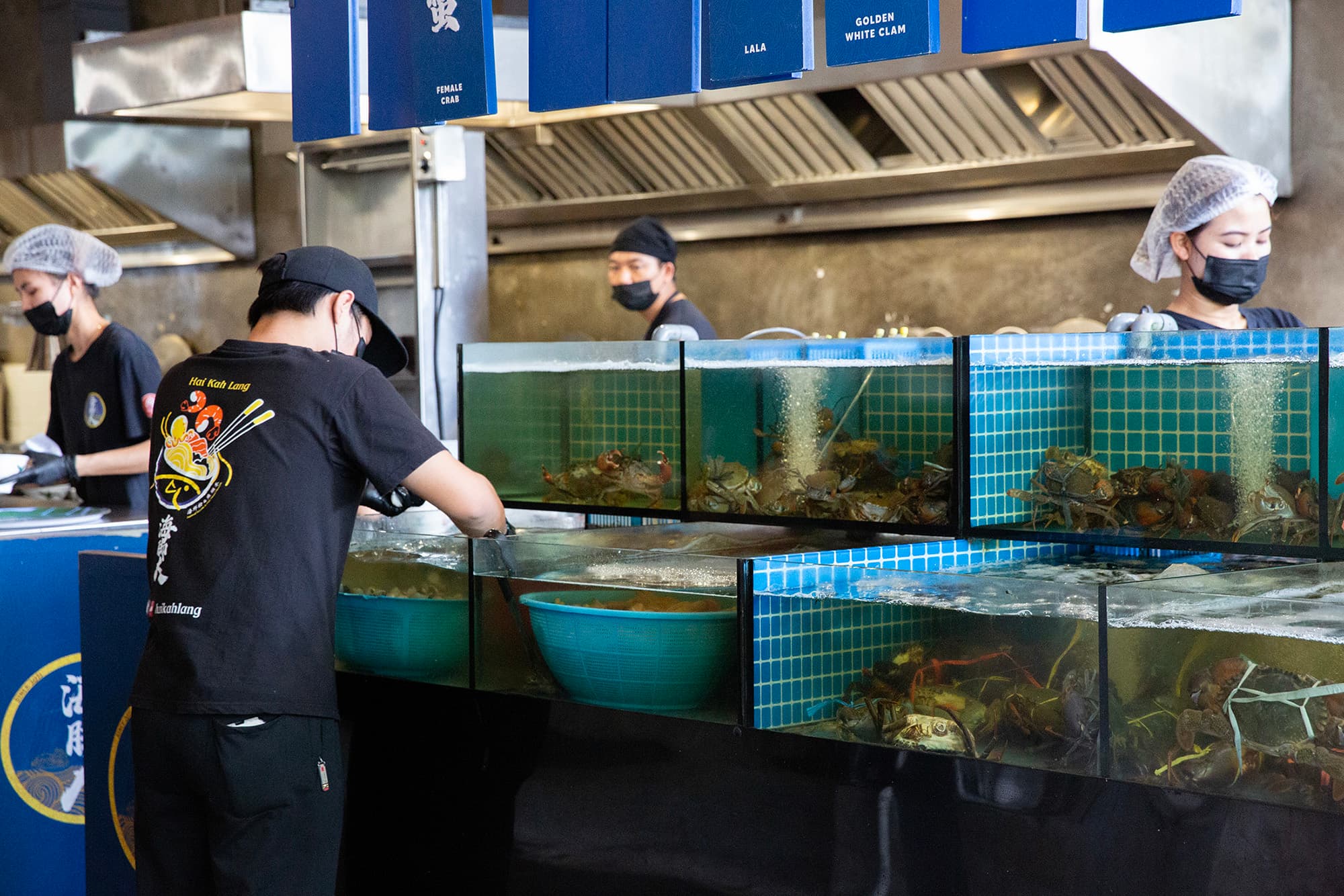餐廳為開放式廚房，並在入口處擺放大量海鮮櫃，突顯其食材的新鮮。